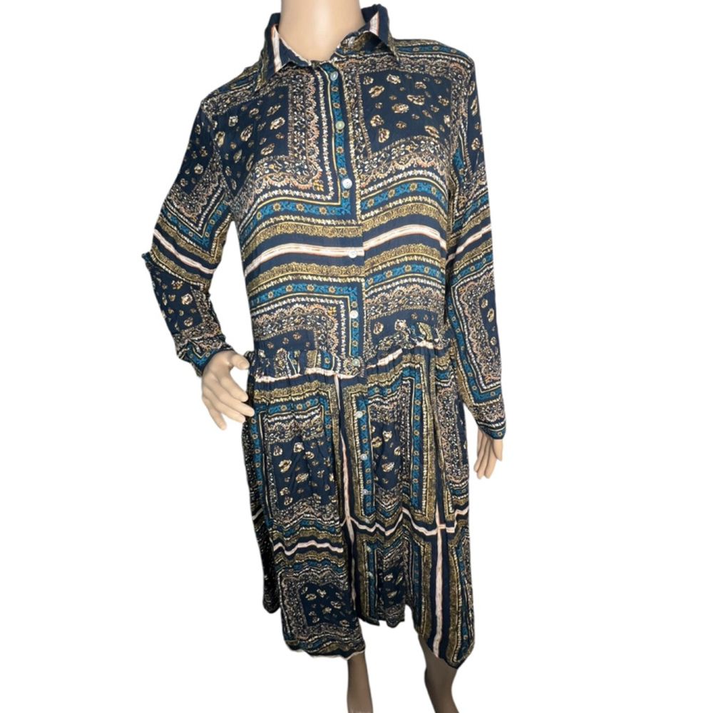 ZARA Multi Pattern Dress Long Sleeve Button Up TShirt Midi Dress